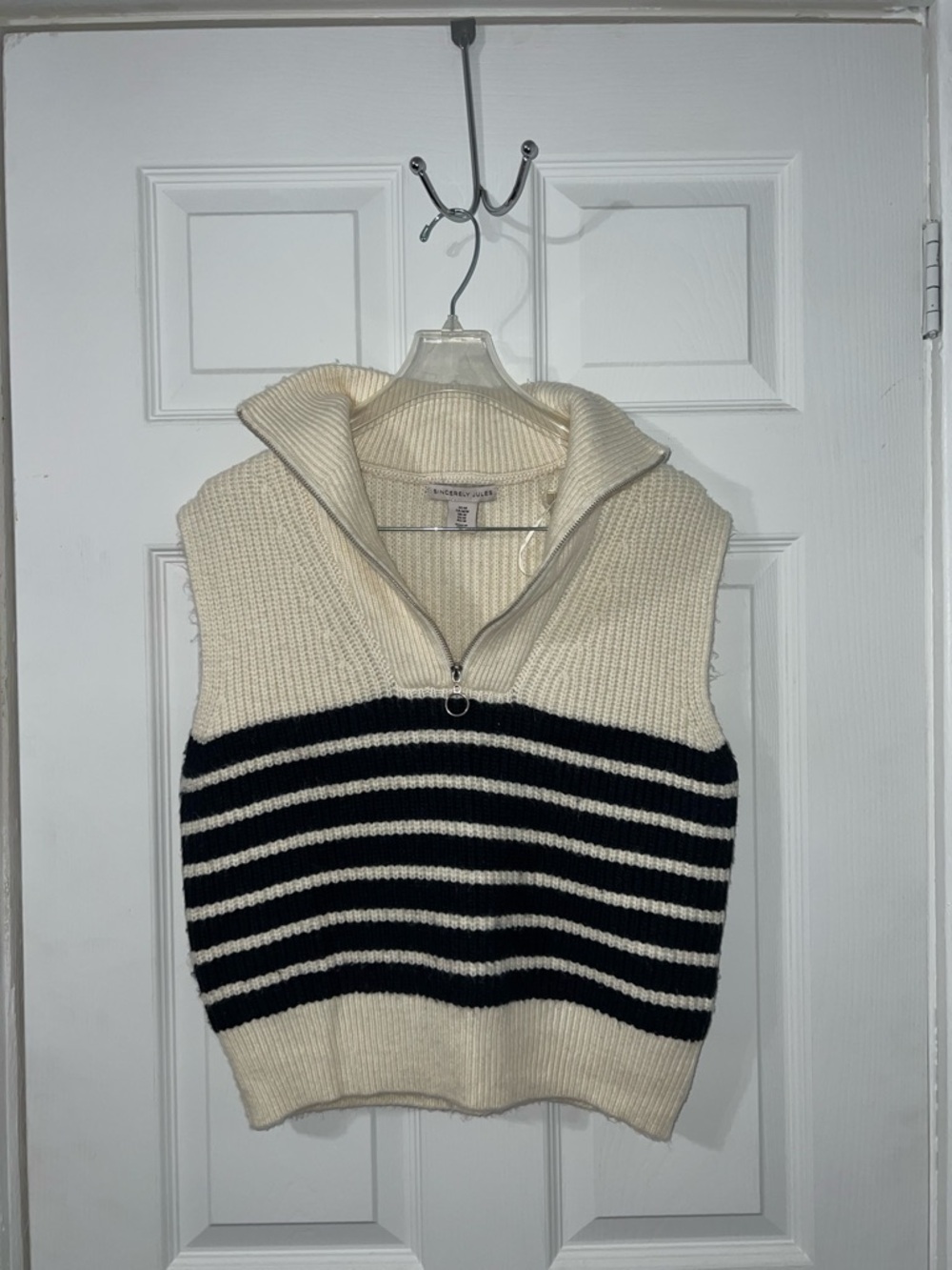 Cream & Navy Blue Striped Knit Zip-Neck Sweater Vest